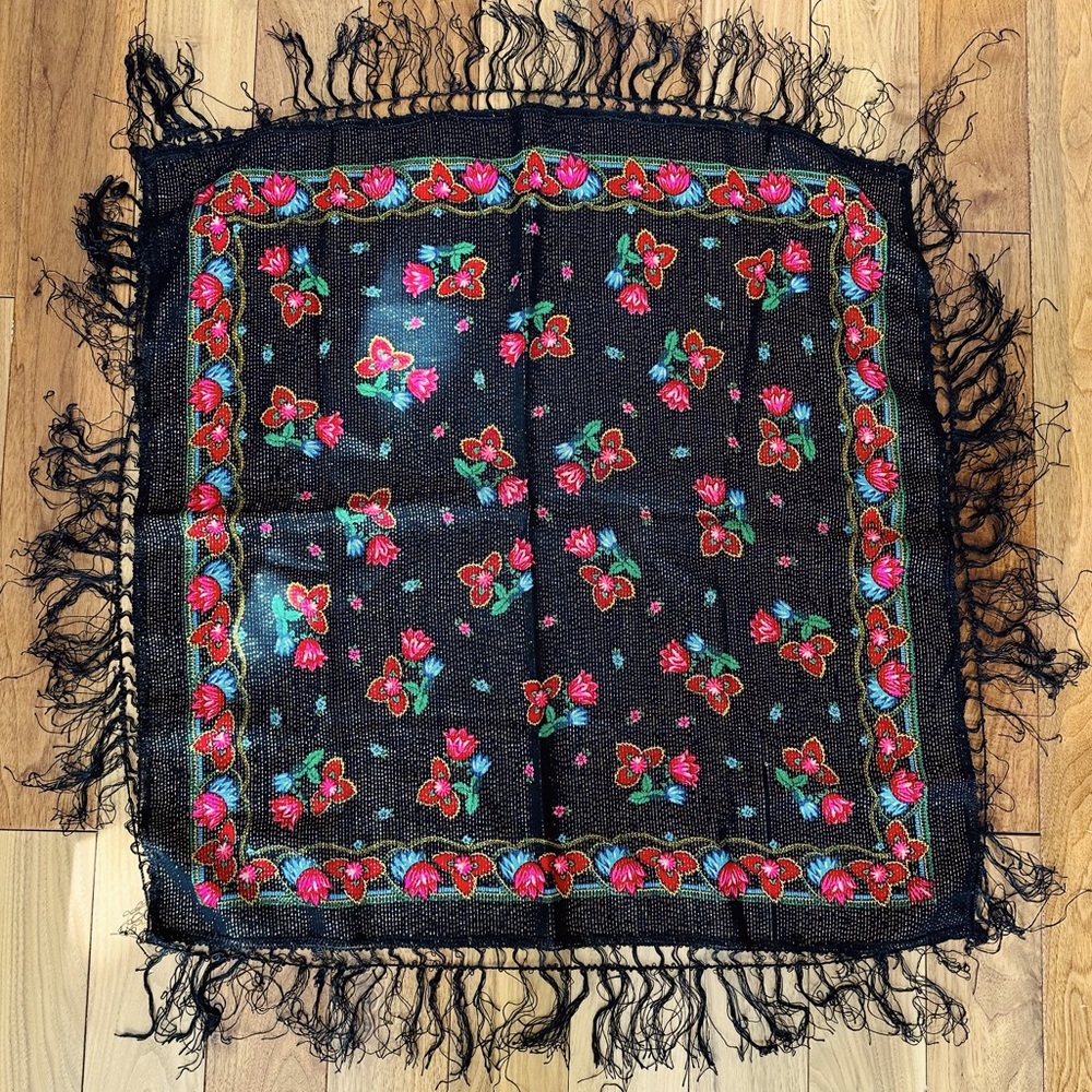Vintage Wool Shawl Floral Babushka Scarf Made in Japan
